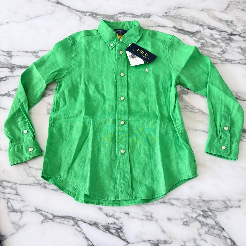 Polo Ralph Lauren Kids Green Linen Button Down Shirt Size 7 NWT Vibrant Green